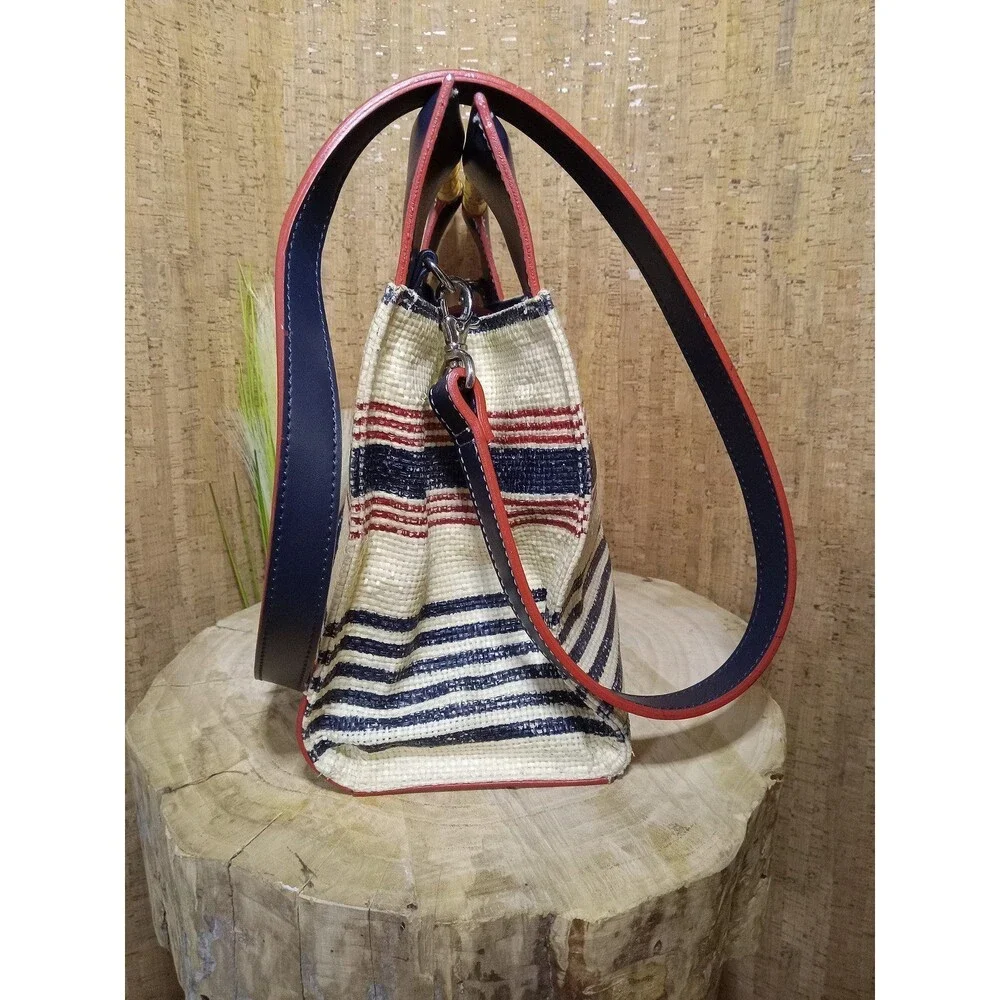 Tommy Hilfiger Woven Straw Handbag Crossbody Purse Navy Red Bamboo Handles